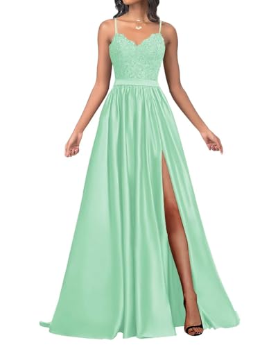 Infuness Damen Satin Ballkleider Lang Spaghetti Straps Lace Appliques Ballkleider mit Schlitz von Infuness