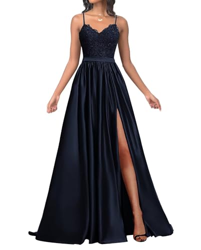 Infuness Damen Satin Ballkleider Lang Spaghetti Straps Lace Appliques Ballkleider mit Schlitz von Infuness