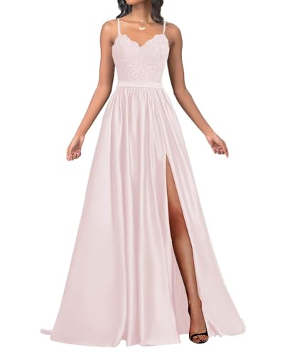 Infuness Damen Satin Ballkleider Lang Spaghetti Straps Lace Appliques Ballkleider mit Schlitz von Infuness
