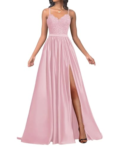 Infuness Damen Satin Ballkleider Lang Spaghetti Straps Lace Appliques Ballkleider mit Schlitz von Infuness