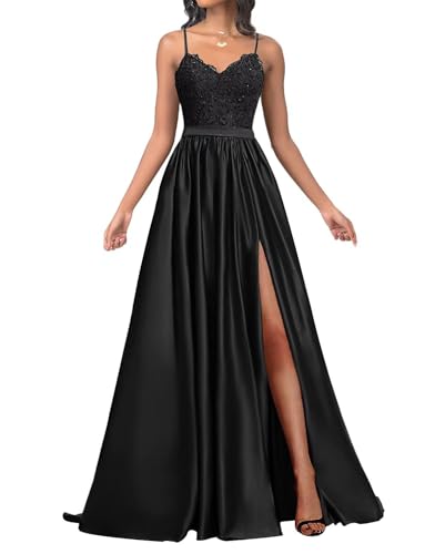 Infuness Damen Satin Ballkleider Lang Spaghetti Straps Lace Appliques Ballkleider mit Schlitz von Infuness