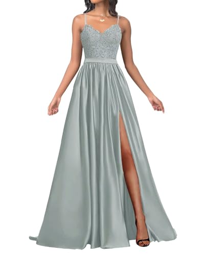Infuness Damen Satin Ballkleider Lang Spaghetti Straps Lace Appliques Ballkleider mit Schlitz von Infuness
