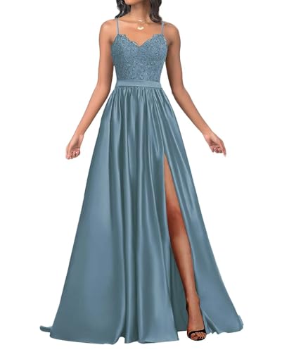 Infuness Damen Satin Ballkleider Lang Spaghetti Straps Lace Appliques Ballkleider mit Schlitz von Infuness