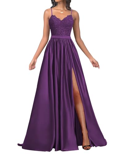Infuness Damen Satin Ballkleider Lang Spaghetti Straps Lace Appliques Ballkleider mit Schlitz von Infuness