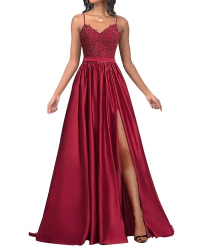 Infuness Damen Satin Ballkleider Lang Spaghetti Straps Lace Appliques Ballkleider mit Schlitz von Infuness
