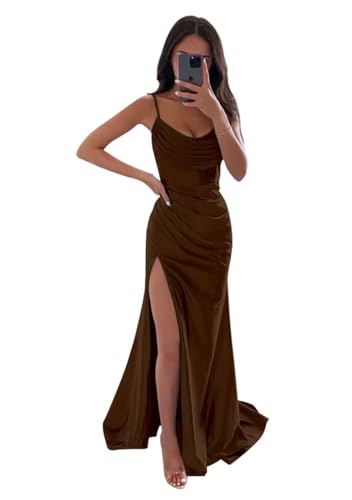 Infuness Damen Satin Brautjungfernkleider Lange Spaghettiträger Schlitz Meerjungfrau Formelle Partykleider mit Schlitz von Infuness