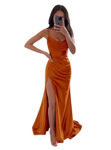 Infuness Damen Satin Brautjungfernkleider Lange Spaghettiträger Schlitz Meerjungfrau Formelle Partykleider mit Schlitz von Infuness