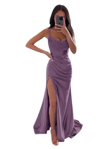 Infuness Damen Satin Brautjungfernkleider Lange Spaghettiträger Schlitz Meerjungfrau Formelle Partykleider mit Schlitz von Infuness