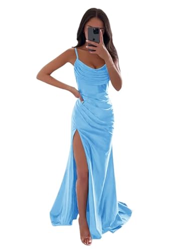 Infuness Damen Satin Brautjungfernkleider Lange Spaghettiträger Schlitz Meerjungfrau Formelle Partykleider mit Schlitz von Infuness
