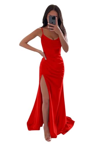 Infuness Damen Satin Brautjungfernkleider Lange Spaghettiträger Schlitz Meerjungfrau Formelle Partykleider mit Schlitz von Infuness