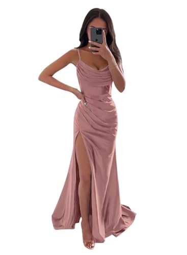 Infuness Damen Satin Brautjungfernkleider Lange Spaghettiträger Schlitz Meerjungfrau Formelle Partykleider mit Schlitz von Infuness