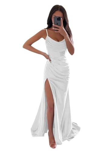 Infuness Damen Satin Brautjungfernkleider Lange Spaghettiträger Schlitz Meerjungfrau Formelle Partykleider mit Schlitz von Infuness