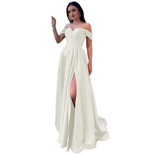 Infuness Damen Satin Schulterfreie Ballkleider Lang gerüschtes Brautjungfernkleid Schlitz Meerjungfrau Hochzeit Partei Kleid von Infuness
