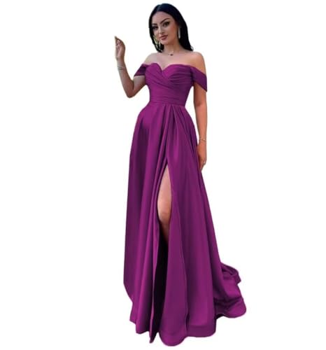 Infuness Damen Satin Schulterfreie Ballkleider Lang gerüschtes Brautjungfernkleid Schlitz Meerjungfrau Hochzeit Partei Kleid von Infuness