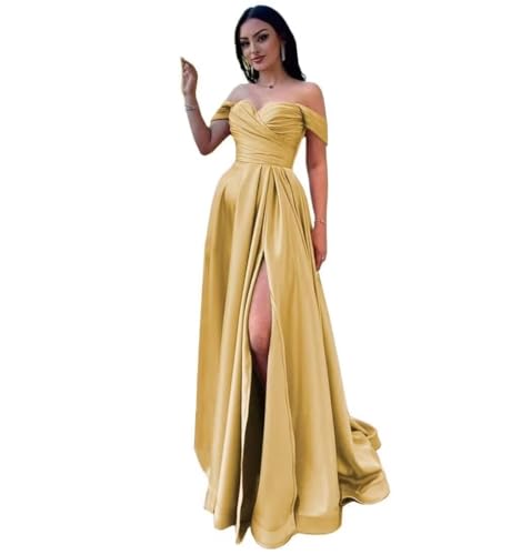 Infuness Damen Satin Schulterfreie Ballkleider Lang gerüschtes Brautjungfernkleid Schlitz Meerjungfrau Hochzeit Partei Kleid von Infuness
