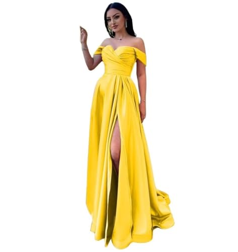 Infuness Damen Satin Schulterfreie Ballkleider Lang gerüschtes Brautjungfernkleid Schlitz Meerjungfrau Hochzeit Partei Kleid von Infuness