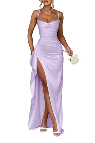 Infuness Damen Satin Spaghettiträger Brautjungfernkleider Lang Falte Abendkleider Formeller Abschlussball Partykleid mit Schlitz von Infuness