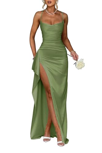 Infuness Damen Satin Spaghettiträger Brautjungfernkleider Lang Falte Abendkleider Formeller Abschlussball Partykleid mit Schlitz von Infuness