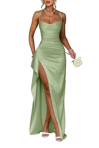 Infuness Damen Satin Spaghettiträger Brautjungfernkleider Lang Falte Abendkleider Formeller Abschlussball Partykleid mit Schlitz von Infuness