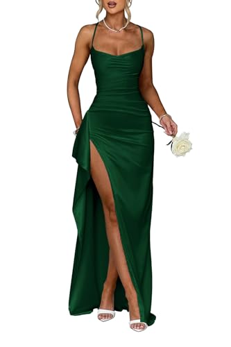 Infuness Damen Satin Spaghettiträger Brautjungfernkleider Lang Falte Abendkleider Formeller Abschlussball Partykleid mit Schlitz von Infuness