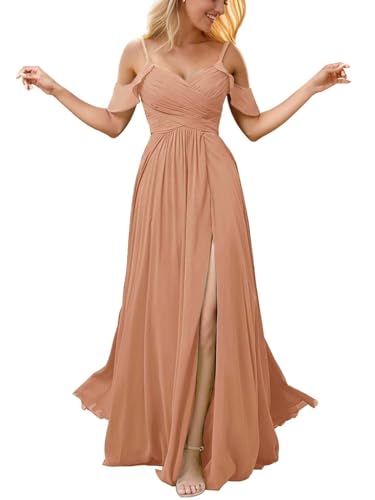 Infuness Damen Schulterfreies Chiffon-Brautjungfernkleid Langes Schlitz Formelles Abendkleid Hochzeitsgastkleid mit Taschen von Infuness