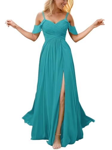 Infuness Damen Schulterfreies Chiffon-Brautjungfernkleid Langes Schlitz Formelles Abendkleid Hochzeitsgastkleid mit Taschen von Infuness