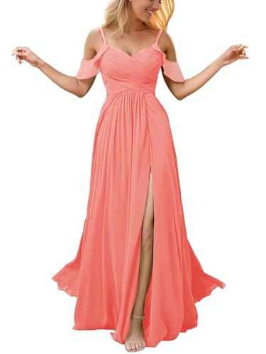 Infuness Damen Schulterfreies Chiffon-Brautjungfernkleid Langes Schlitz Formelles Abendkleid Hochzeitsgastkleid mit Taschen von Infuness
