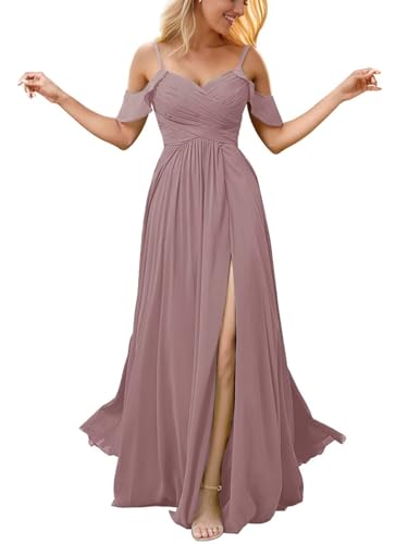 Infuness Damen Schulterfreies Chiffon-Brautjungfernkleid Langes Schlitz Formelles Abendkleid Hochzeitsgastkleid mit Taschen von Infuness