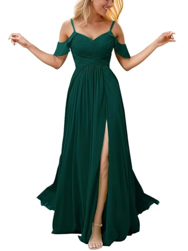 Infuness Damen Schulterfreies Chiffon-Brautjungfernkleid Langes Schlitz Formelles Abendkleid Hochzeitsgastkleid mit Taschen von Infuness