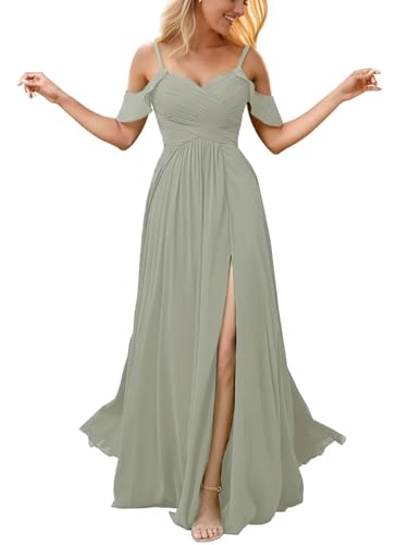 Infuness Damen Schulterfreies Chiffon-Brautjungfernkleid Langes Schlitz Formelles Abendkleid Hochzeitsgastkleid mit Taschen von Infuness