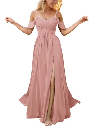 Infuness Damen Schulterfreies Chiffon-Brautjungfernkleid Langes Schlitz Formelles Abendkleid Hochzeitsgastkleid mit Taschen von Infuness