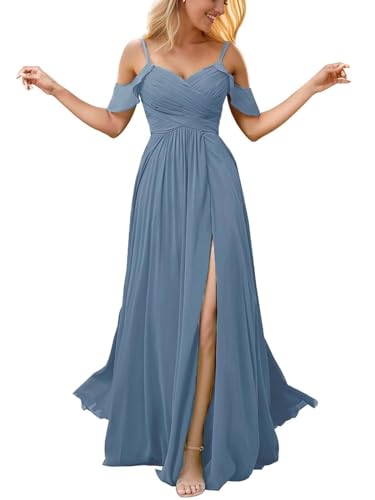 Infuness Damen Schulterfreies Chiffon-Brautjungfernkleid Langes Schlitz Formelles Abendkleid Hochzeitsgastkleid mit Taschen von Infuness