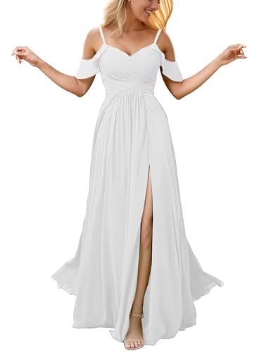 Infuness Damen Schulterfreies Chiffon-Brautjungfernkleid Langes Schlitz Formelles Abendkleid Hochzeitsgastkleid mit Taschen von Infuness
