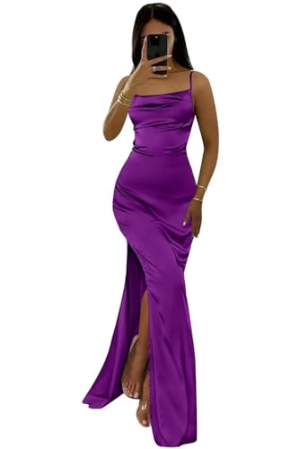Infuness Damen Spaghettiträger aus Satin Brautjungfernkleider Lang Meerjungfrau hohem Schlitz Formal Abendkleider von Infuness