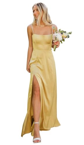 Infuness Damen Spaghettiträgern Satin Brautjungfernkleider Langes formelles Abendkleid mit quadratischem Ausschnitt und Schlitz von Infuness