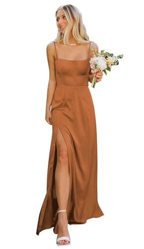 Infuness Damen Spaghettiträgern Satin Brautjungfernkleider Langes formelles Abendkleid mit quadratischem Ausschnitt und Schlitz Infuness Damen Spaghettiträgern Satin Brautjungfernkleider Langes formelles Abendkleid mit quadratischem Ausschnitt und Schlitz von Infuness
