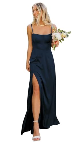 Infuness Damen Spaghettiträgern Satin Brautjungfernkleider Langes formelles Abendkleid mit quadratischem Ausschnitt und Schlitz von Infuness