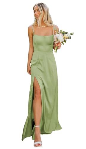 Infuness Damen Spaghettiträgern Satin Brautjungfernkleider Langes formelles Abendkleid mit quadratischem Ausschnitt und Schlitz Infuness Damen Spaghettiträgern Satin Brautjungfernkleider Langes formelles Abendkleid mit quadratischem Ausschnitt und Schlitz von Infuness