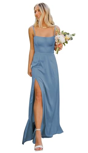 Infuness Damen Spaghettiträgern Satin Brautjungfernkleider Langes formelles Abendkleid mit quadratischem Ausschnitt und Schlitz von Infuness