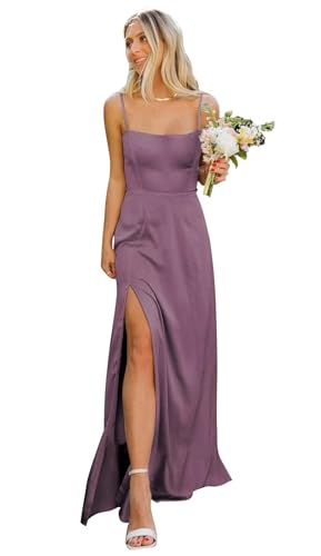 Infuness Damen Spaghettiträgern Satin Brautjungfernkleider Langes formelles Abendkleid mit quadratischem Ausschnitt und Schlitz Infuness Damen Spaghettiträgern Satin Brautjungfernkleider Langes formelles Abendkleid mit quadratischem Ausschnitt und Schlitz von Infuness