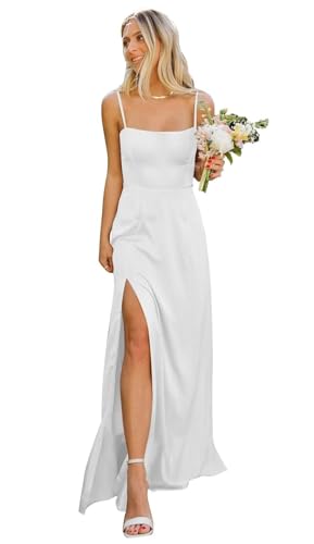 Infuness Damen Spaghettiträgern Satin Brautjungfernkleider Langes formelles Abendkleid mit quadratischem Ausschnitt und Schlitz von Infuness
