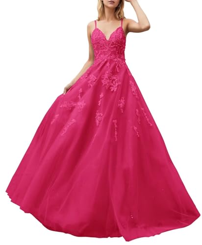 Infuness Damen Spaghettiträgern Tüll Ballkleider 2024 Spitzenapplikation Ballkleider Lange V-Ausschnitt Formelle Abendkleider von Infuness