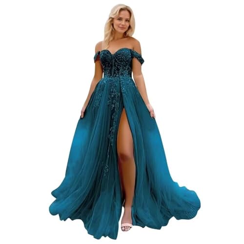 Infuness Damen Tüll Ballkleider Lang Off Shoulder Laces Abendkleider mit Schlitz von Infuness