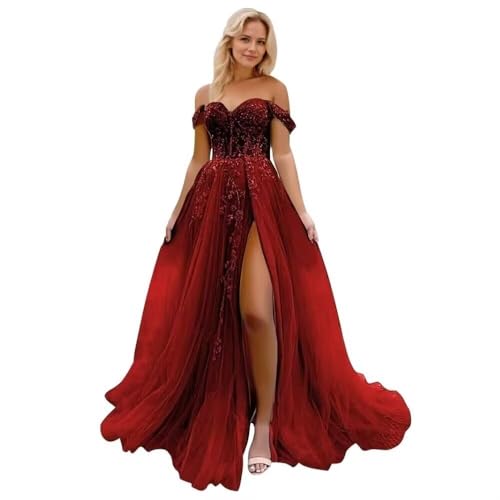 Infuness Damen Tüll Ballkleider Lang Off Shoulder Laces Abendkleider mit Schlitz von Infuness