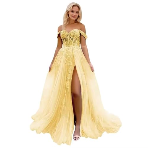 Infuness Damen Tüll Ballkleider Lang Off Shoulder Laces Abendkleider mit Schlitz von Infuness