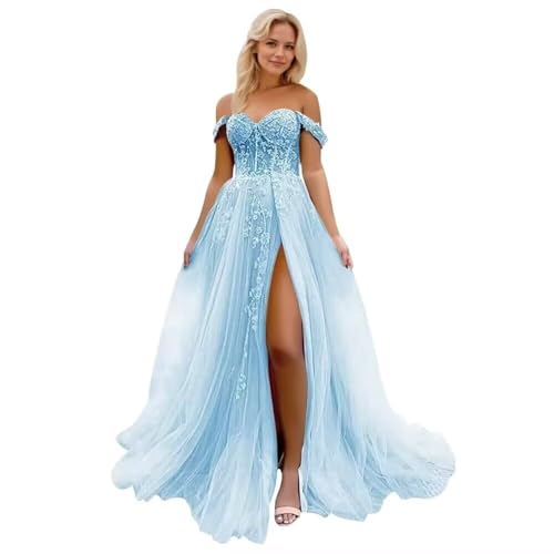 Infuness Damen Tüll Ballkleider Lang Off Shoulder Laces Abendkleider mit Schlitz von Infuness