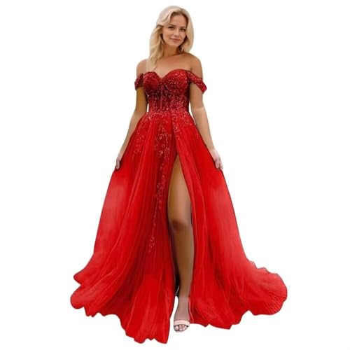 Infuness Damen Tüll Ballkleider Lang Off Shoulder Laces Abendkleider mit Schlitz von Infuness