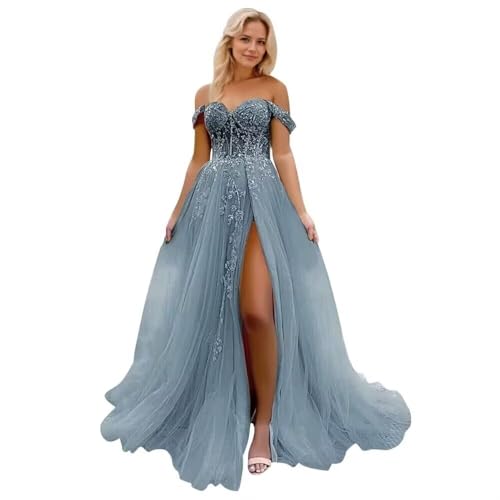 Infuness Damen Tüll Ballkleider Lang Off Shoulder Laces Abendkleider mit Schlitz von Infuness