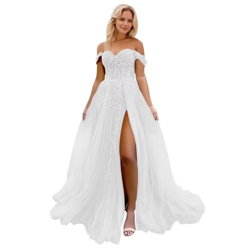 Infuness Damen Tüll Ballkleider Lang Off Shoulder Laces Abendkleider mit Schlitz von Infuness