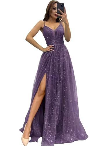 Infuness Damen Tüll Spaghettiträger Abendkleider Lange Glitzer Starry Brautjungfernkleid V-Ausschnitt Partyballkleider mit Schlitz von Infuness